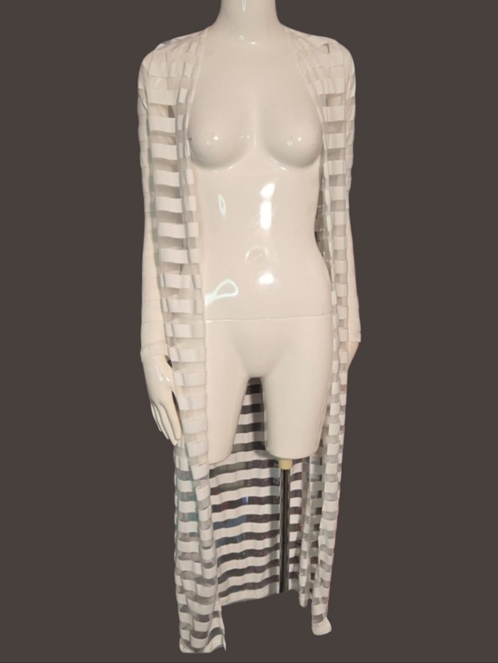 Fashion Nova White & Light Gray Sheer Striped Long Duster